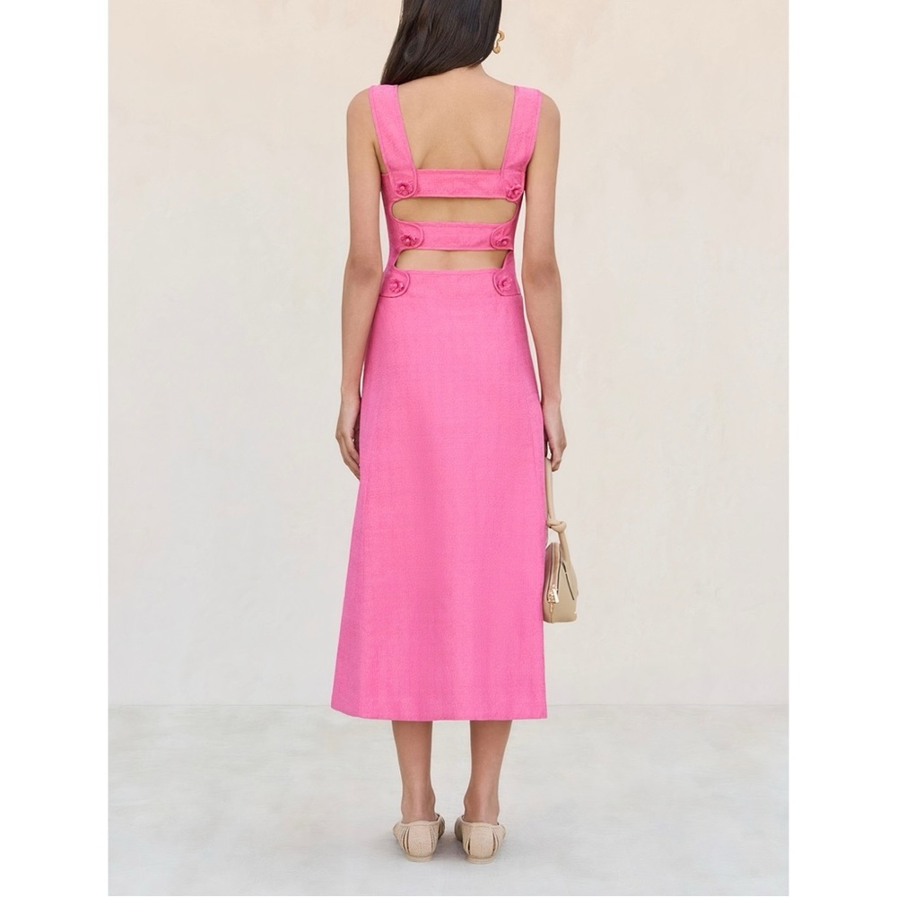 NWT Cult Gaia Midi Pink Linen-Blend Leigh Open-Back Dress - Picture 6 of 9